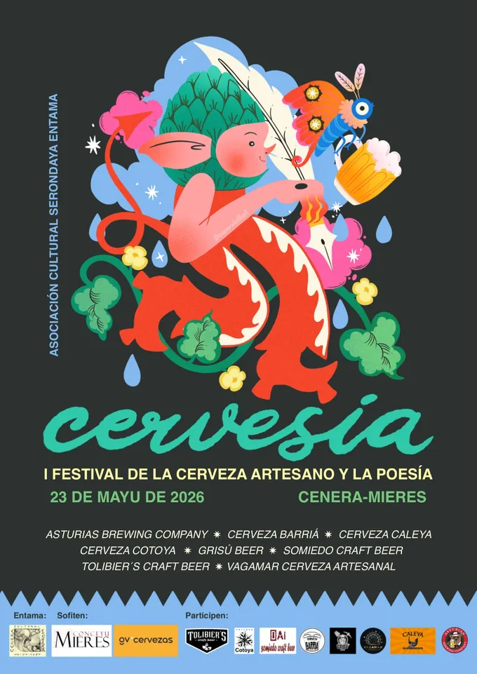 Cartel del I Festival Cervesía: un duendecillo con cuerno de lúpulo y pluma bebe cerveza entre flores; anuncia el festival de cerveza artesana y poesía el 23 de mayo de 2026 en Cenera-Mieres