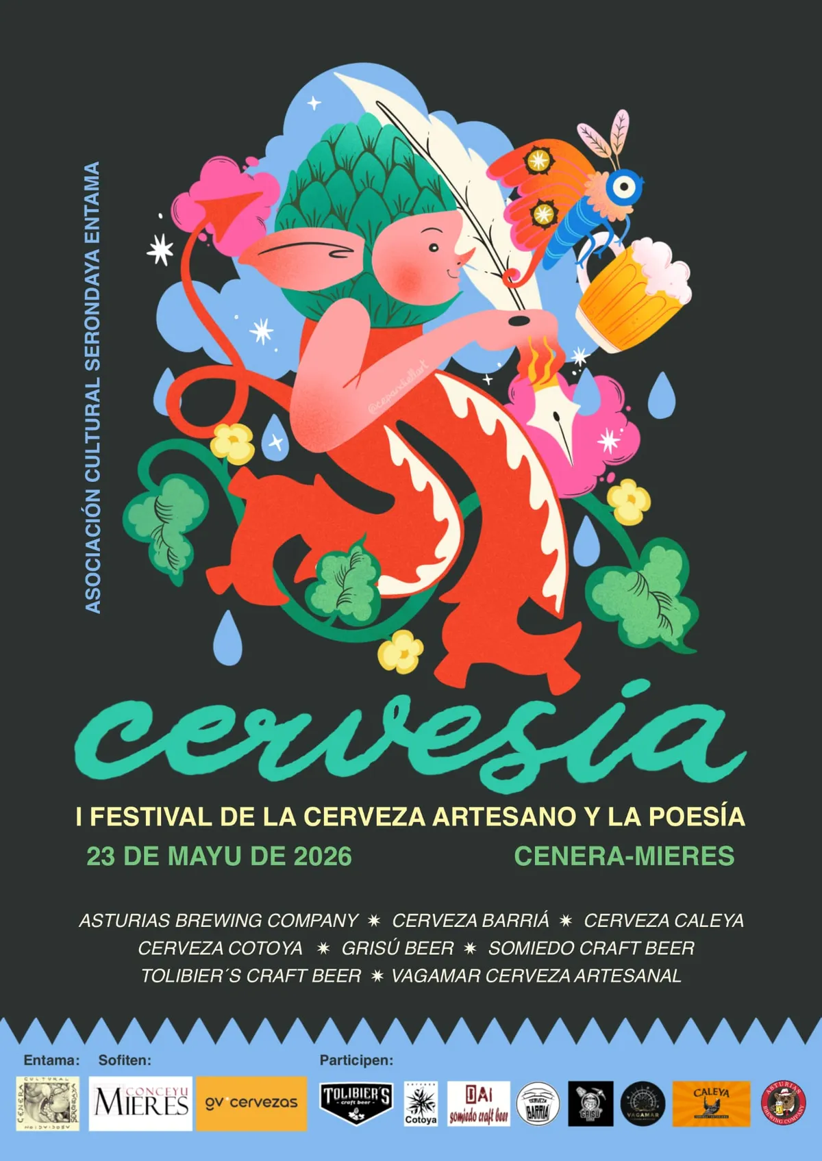 Cartel del I Festival Cervesía: un duendecillo con cuerno de lúpulo y pluma bebe cerveza entre flores; anuncia el festival de cerveza artesana y poesía el 23 de mayo de 2026 en Cenera-Mieres