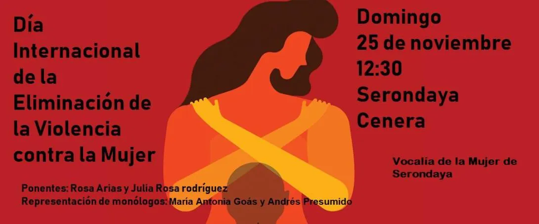 Cartel del acto del domingo 25 de noviembre a las 12:30 en Serondaya, Cenera, por el Día Internacional de la Eliminación de la Violencia contra la Mujer, con la silueta de una mujer con los brazos cruzados