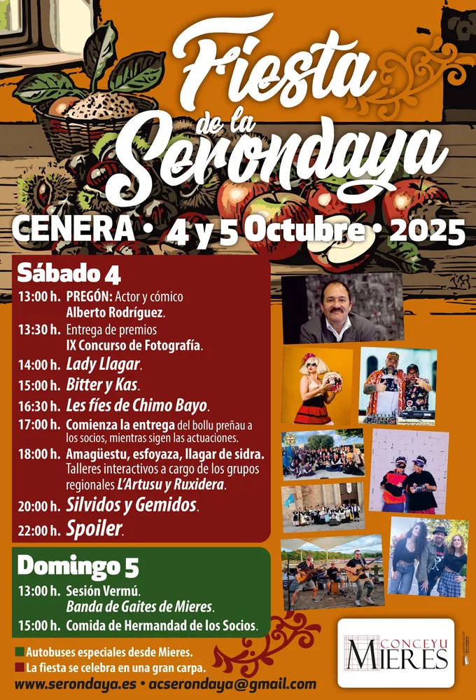 Cartel de la Fiesta de la Serondaya del 4 y 5 de octubre de 2025 en Cenera, con manzanas y el programa de actuaciones del sábado y el domingo