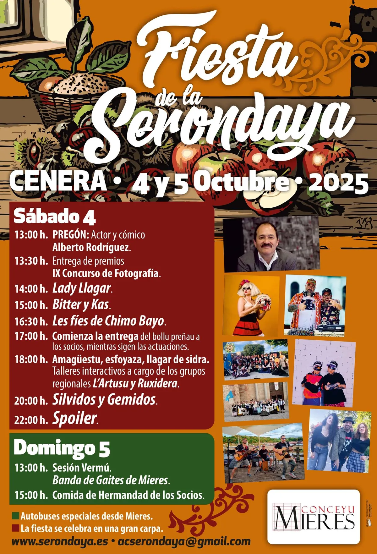 Cartel de la Fiesta de la Serondaya del 4 y 5 de octubre de 2025 en Cenera, con manzanas y el programa de actuaciones del sábado y el domingo