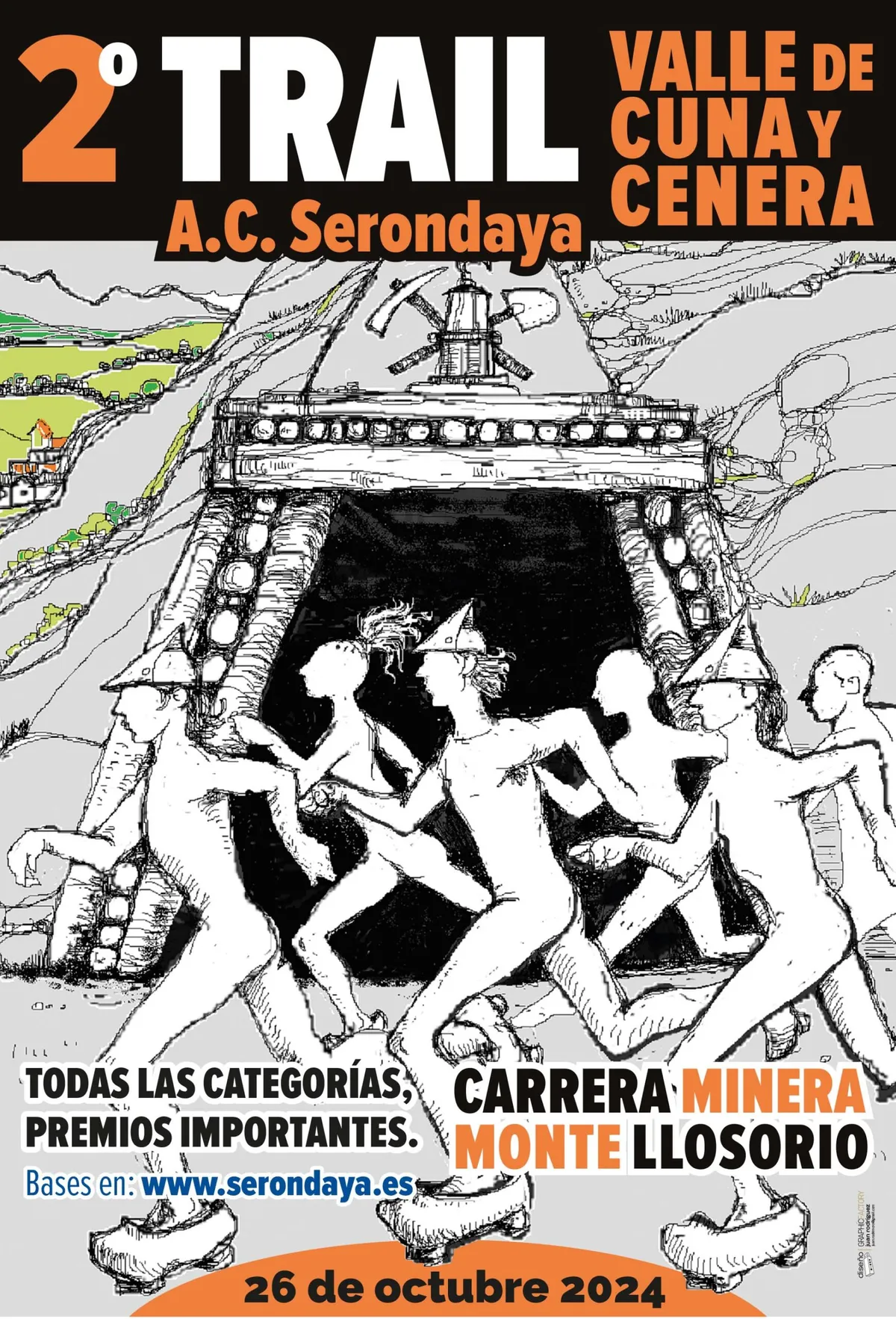Cartel del 2.º Trail Valle de Cuna y Cenera, Carrera Minera Monte Llosorio, el 26 de octubre de 2024, con un dibujo de corredores saliendo de una bocamina