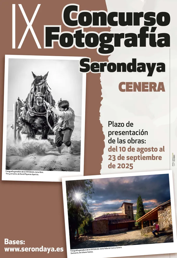 Cartel del IX Concurso de Fotografía Serondaya con dos fotos ganadoras de la edición anterior y el plazo de entrega del 10 de agosto al 23 de septiembre de 2025