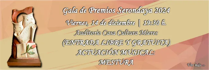 Banner de la Gala de Premios Serondaya 2024, viernes 14 de diciembre a las 19:30 h en el Auditorio Casa Cultura de Mieres, con actuación de Mestura