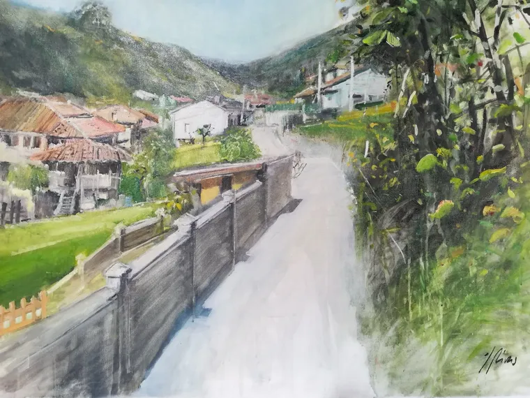 Cuadro premiado: acuarela de un camino entre casas de aldea