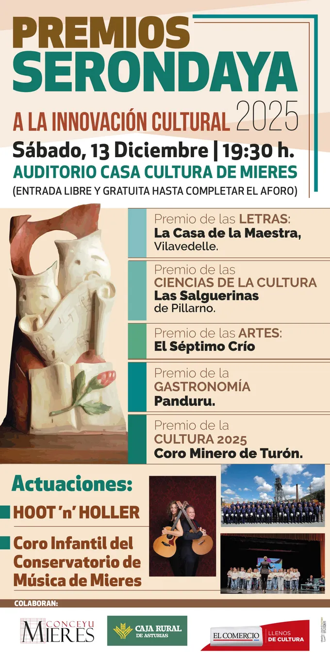 Cartel de la gala de los Premios Serondaya a la Innovación Cultural 2025, sábado 13 de diciembre en el Auditorio Casa Cultura de Mieres, con la lista de premiados y las actuaciones