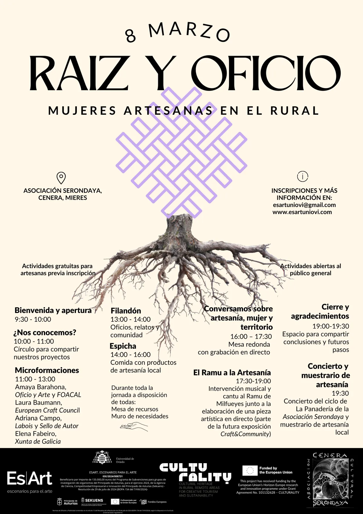 Cartel de la jornada Raíz y Oficio, mujeres artesanas en lo rural, el 8 de marzo en Cenera, con el programa de actividades sobre un dibujo de un árbol con raíces